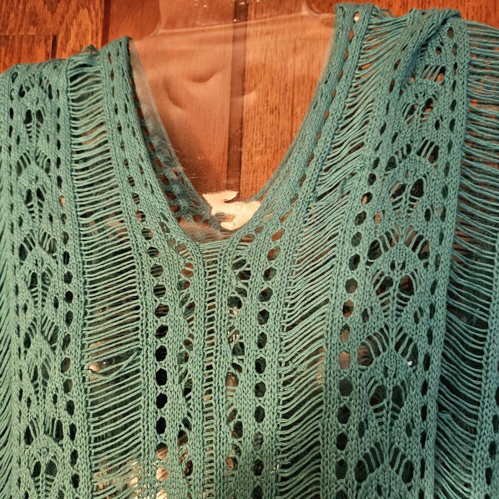 Women's One Size Boho Turquoise Crochet Poncho Vest | One Size Beach Cover-Up - Picture 4 of 5